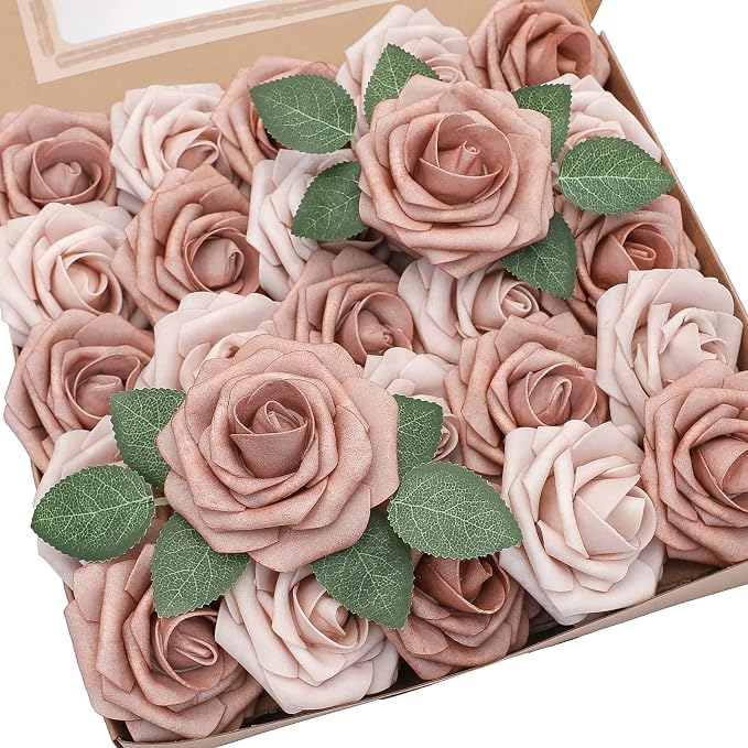 Artificial Flowers 25pcs Real Looking Warm Taupe & Nude Foam Fake Roses by Floroom