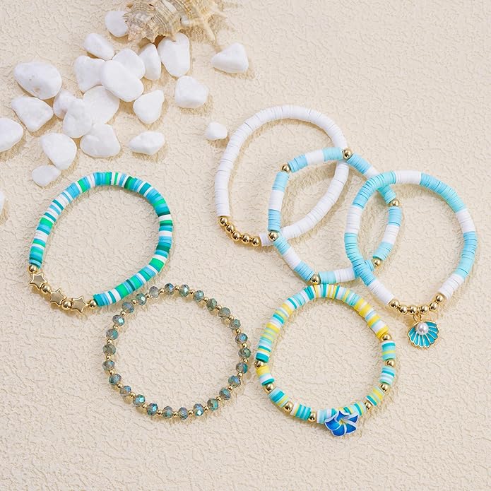 Heishi Beaded Stretch Bracelets for Women Stackable Polymer Clay Beads Bracelets Friendship Boho Summer Beach Bracelet Jewelry Set