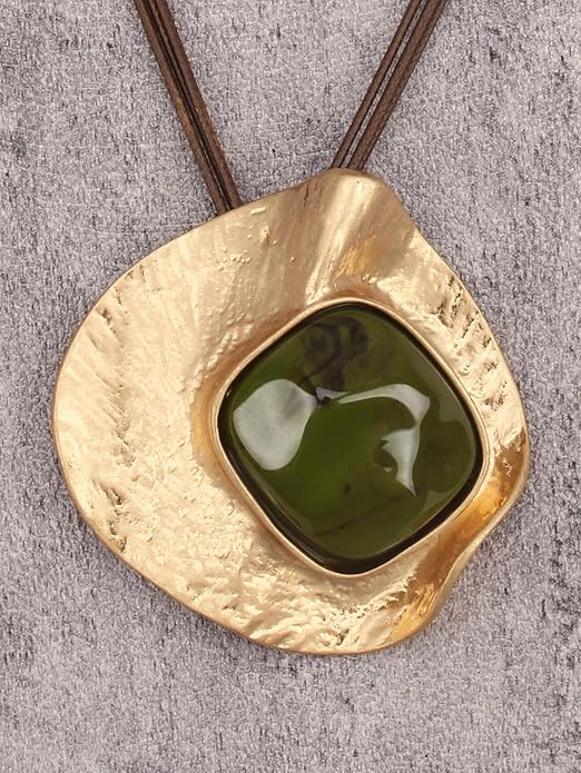GelConnie Leather Necklace for Women Large Pendant Long Brown Necklace Circle Leather Choker Vintage Sweater Necklace Gold Chunky Boho Necklaces for Women