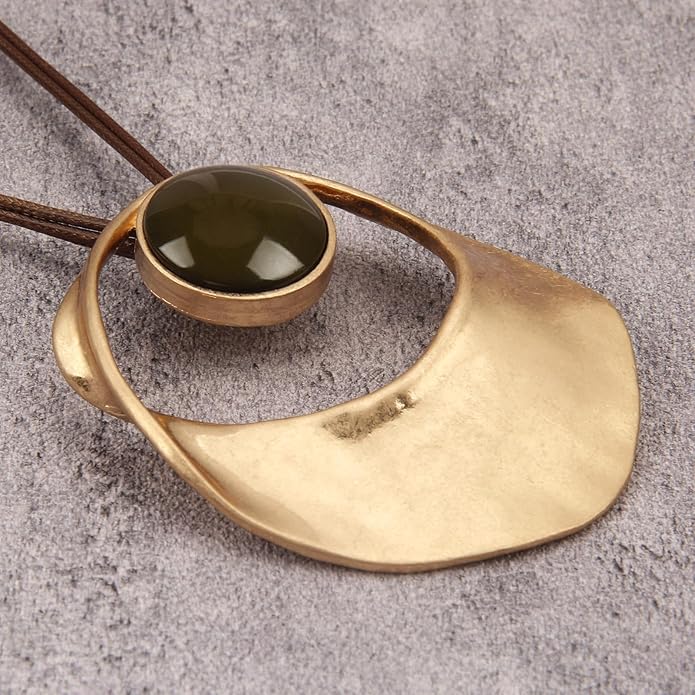 GelConnie Leather Necklace for Women Large Pendant Long Brown Necklace Circle Leather Choker Vintage Sweater Necklace Gold Chunky Boho Necklaces for Women