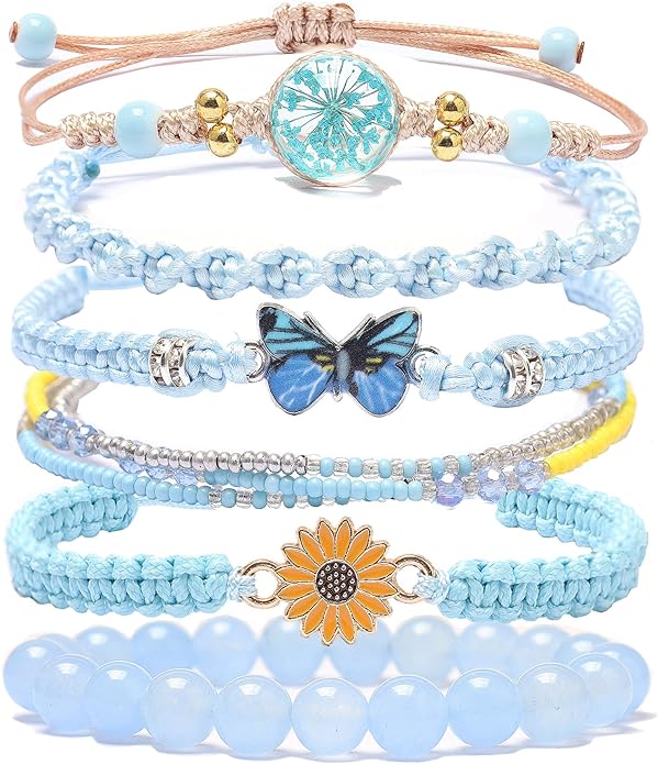 DS 6PCS String beads Charm Bracelets for Teen Girls Handmade Braided Rope Butterfly daisies Eternal flower Boho Surfer Bracelet for women Adjustable friendship Stretch birthday jewelry Gift Friends