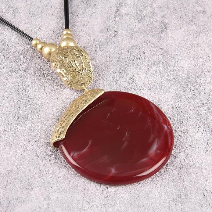GelConnie Leather Necklace for Women Large Pendant Long Brown Necklace Circle Leather Choker Vintage Sweater Necklace Gold Chunky Boho Necklaces for Women