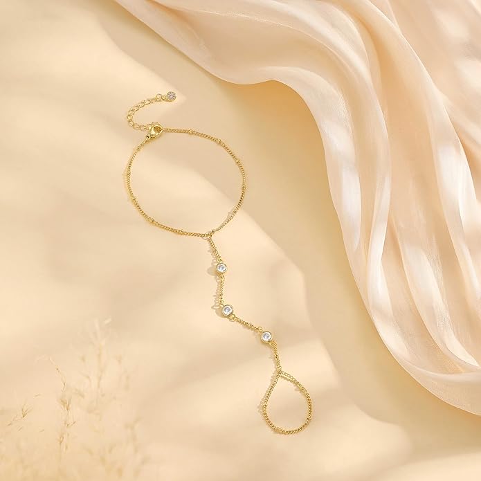 Valentine Gift 14K Gold Plated Hand Chain Bracelet for Women Trendy, 2 Pcs Stackable Gold/Silver Finger Ring Bracelet Hand Chain Dainty Non Tarnish Waterproof Set Jewelry Adjustable 7'+2