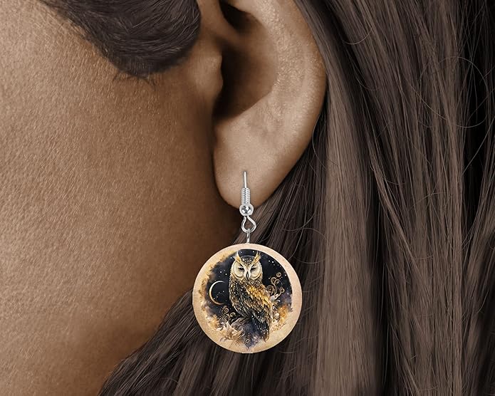 Round Wood Earrings Light Weight Printed Image Dangle Jewelry