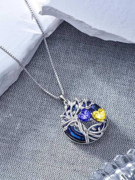 TOUPOP s925 Sterling Silver Family Celtic Tree of Life Pendant Necklaces with 2 Heart Birthstone with Blue Austrian Crystal Jewelry Birthday Valentines Day Gifts for Her, Anniversary Christmas Gifts for Wife Girlfriend Mom (18K Real White Gold Filled)