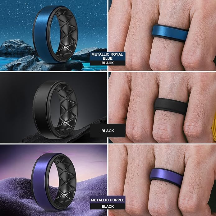 Egnaro Silicone Rings for Men 1/4/5/6/7 Multipack of Breathable Mens Silicone Rubber Wedding Rings Bands - Step Edge