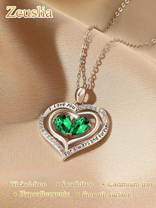 Valentine's Day Gifts for Wife 925 Sterling Silver Double Birthstone Pendant Necklaces I Love You for Always and Forever Necklace Anniversary Birthday Gifts for Wife Girlfriend Mom Her
