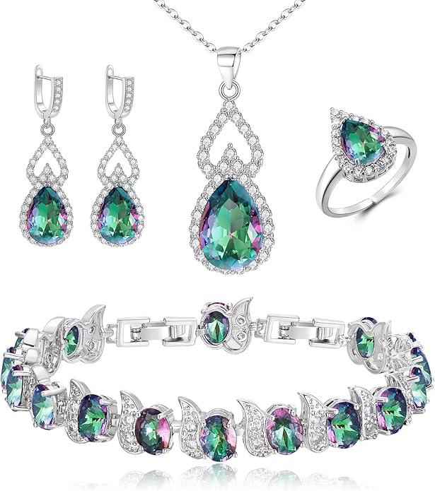 BriLove Wedding Jewelry Set for Women Bride Bridesmaid, Gorgeous Cubic Zirconia Teardrop Necklace Earrings Bracelet Adjustable Ring Jewelry Gift for Birthday/Anniversary/Mother’s Day