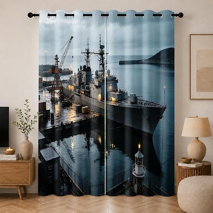 Navy Warship Blackout Curtains for Living Room 90 inches Long | Seaport Dock by Unknown