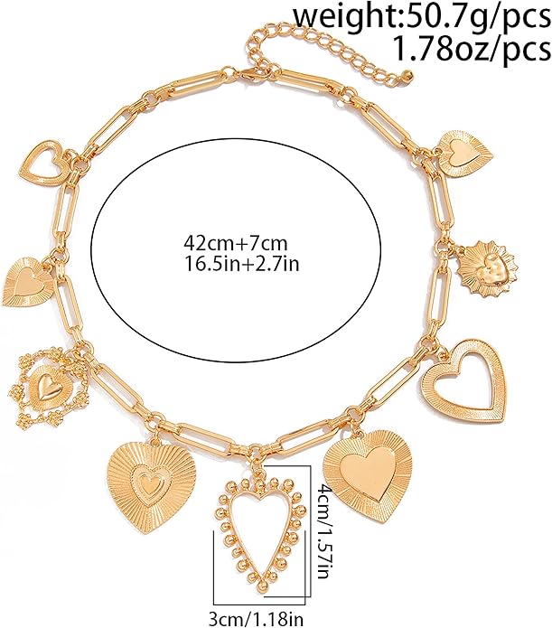 Gold Heart Chunky Charm Necklace for Women with Matching Bracelet, Healing Boho Jewelry Set, Italian Mirror-Polished Alloy, Spiritual Energy Pendant for Meditation, Growth & Inner Strength Gift