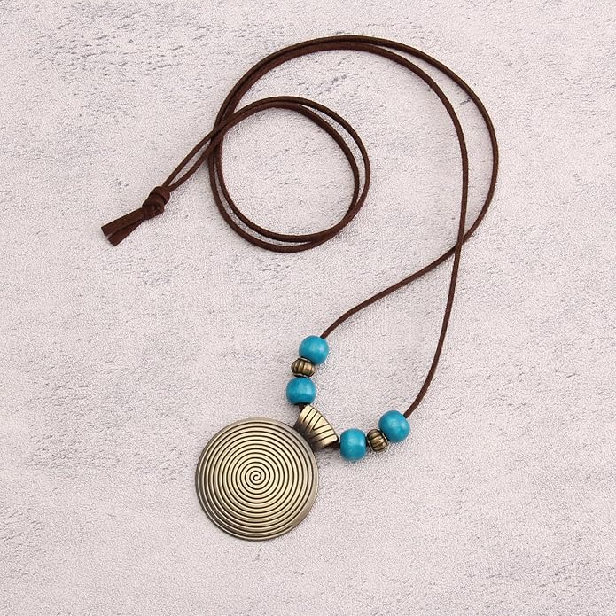 GelConnie Boho Necklaces for Women Vintage Silver Circles Long Pendant Necklace Cowgirl Sweater Necklace Adjustable Leather Choker Necklace for Women