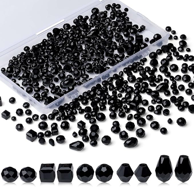 LAIDANLA 800PCS Glass Beads Black Color Crystal Beads Assorted Crystal Beads with Container Box for DIY Necklace Bracelet Earring Jewelry Making