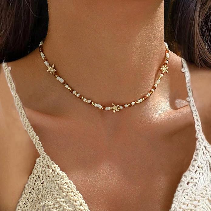 Women's Shell Starfish Boho Layered Beaded Necklace Choker for Summer Beach Vacation Gifts for Birthday/Anniversary/Christmas
