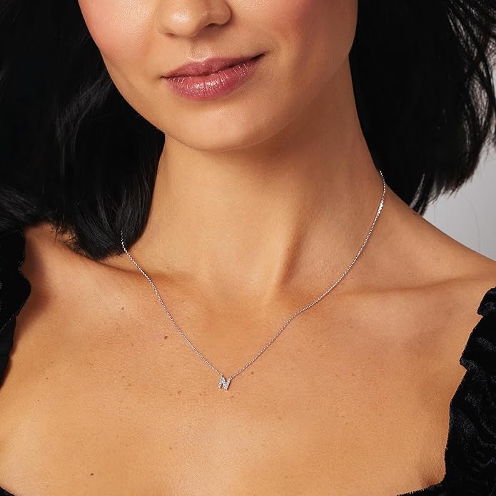 JTV Sterling Silver Initial Necklace for Women, 0.13 CTW White Cubic Zirconia Letter Pendant, Rhodium-Plated, Personalized Monogram Jewelry, Gift Box Included, 18”