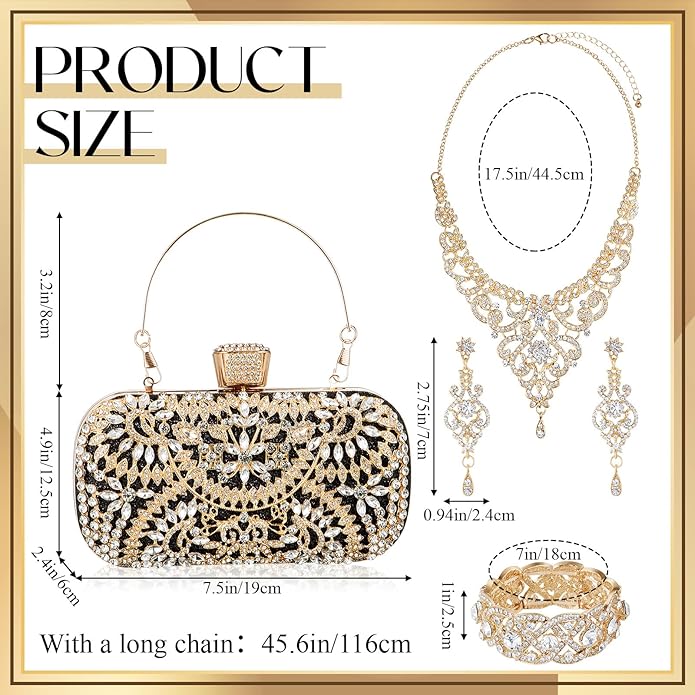 Quelay 4 Pcs Purse Rhinestone Jewelry Set Evening Clutch Bag Bling Crystal Necklace Dangle Earrings Bracelets Accessories