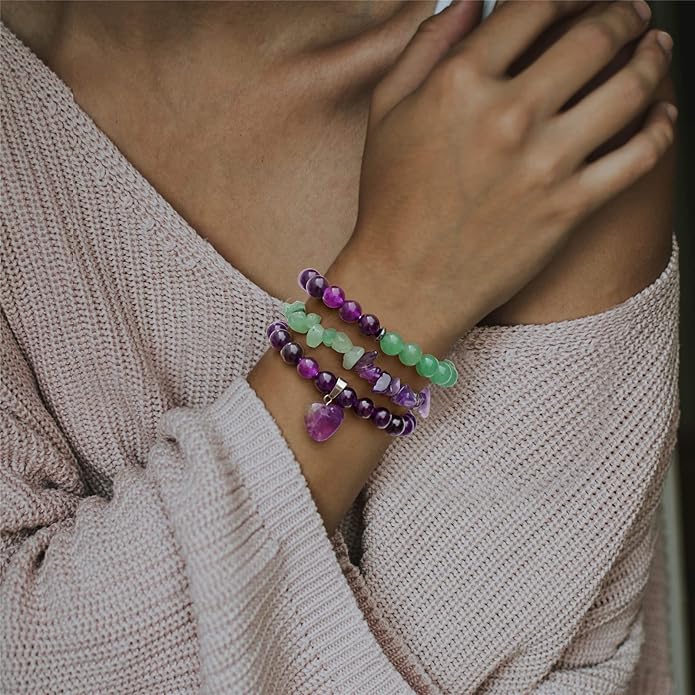 Healing Crystal Beaded Bracelets for Women,Natural Amethyst Gemstones Bracelet,Anxiety Stress Relief Heart Charm Bracelet Handmade purple Jewelry Gifts for Women