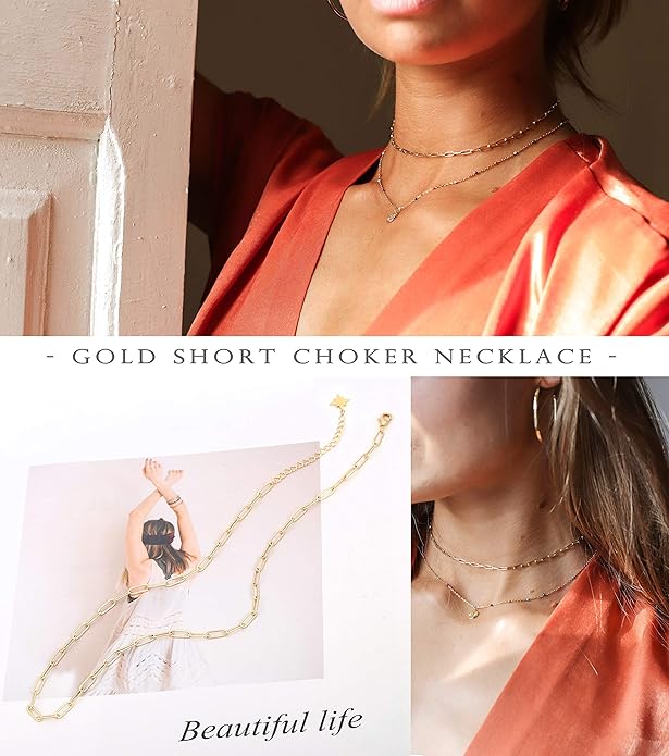 Aobei Pearl 18K Gold Plated Paperclip Chain Choker Satellite Chain Freshwater Cultured Biwa Pearl Pendant Necklace Dainty Jewelry for Women