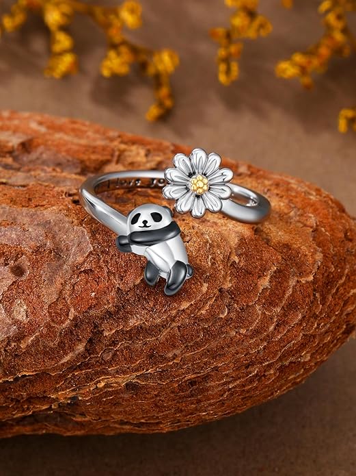 Animal Open Ring 925 Sterling Silver Koala/Panda/Highland Cow/Elephant Adjustable Ring Cute Animal Daisy Jewelry Gifts for Women