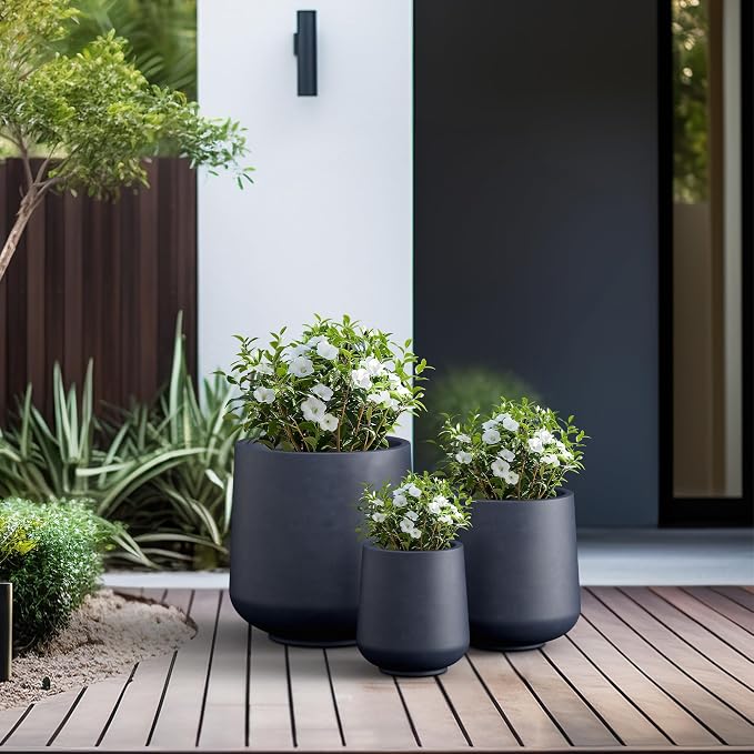 Kante Set of 3 Charcoal Concrete Curved Planters 16.5" 13" 9.4" Dia | Drainage - Image 8
