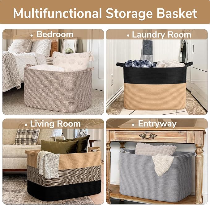 Goodpick 105L Extra Large Woven Blanket Basket Cotton Rope Storage Baskets - Image 4