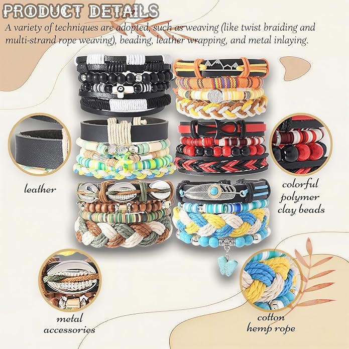 Punk Beaded Bracelets Pack for Men Women, Mens Bracelet Set with Beads, Mens Bead Bracelet Stackable Gothic Boho Adjustable Men Bead Bracelet Pack