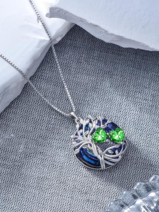 TOUPOP s925 Sterling Silver Family Celtic Tree of Life Pendant Necklaces with 2 Heart Birthstone with Blue Austrian Crystal Jewelry Birthday Valentines Day Gifts for Her, Anniversary Christmas Gifts for Wife Girlfriend Mom (18K Real White Gold Filled)