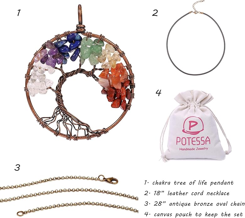7 Chakra Gemstone Healing Crystals Necklace - Copper Wire Wrapped Natural Unisex Hippie Leather Choker