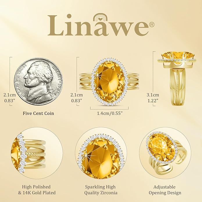 Linawe Birthstone Chunky Adjustable Rings for Women, Gold/Silver/Rose Gold Statement Rings, Imitation Diamond Fake Gemstone Crystal Cocktail Ring, Cubic Zirconia Costume Jewelry