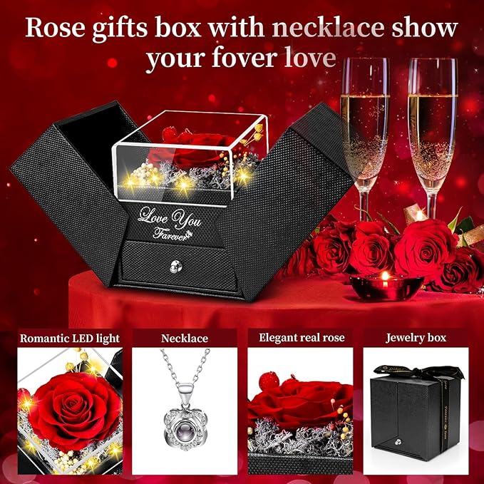 Preserved Red Real Rose with Heart I Love You Necklace -Eternal Flowers Rose Valentines Day Gifts for Her Wife Girlfriend Women Mom Grandma on Valentines Mothers Day Christmas Anniversary Romantic-Red