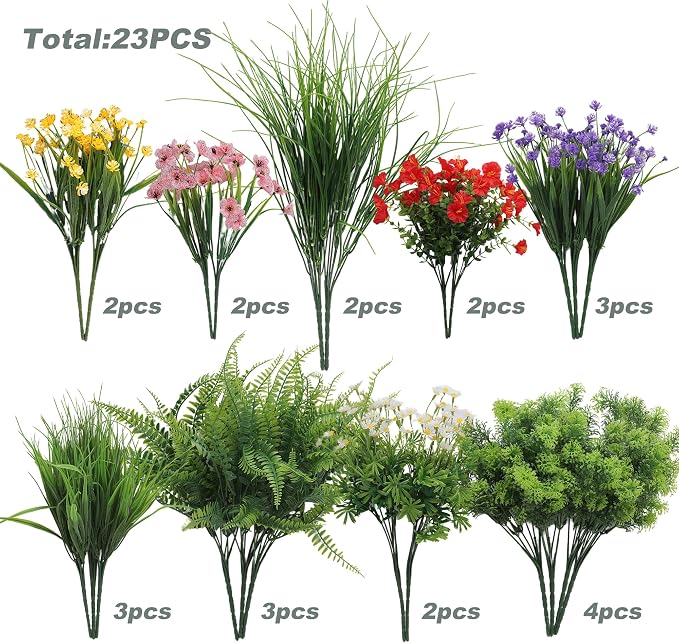 23PCS Artificial Plants Outdoor, Faux Flowers & Greenery Stems - Image 2