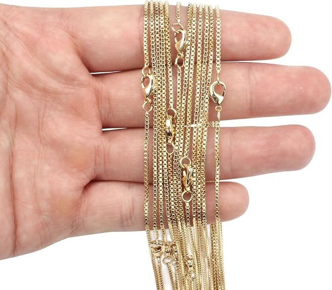 ALEXCRAFT Wholesale 6PCS 14K Gold Plated Brass Box Chain Necklace Bulk for Jewelry Making (20 inch)