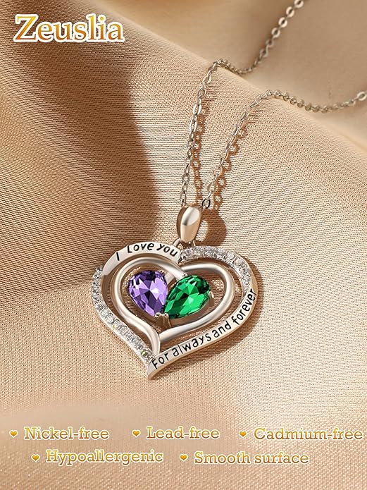 Valentine's Day Gifts for Wife 925 Sterling Silver Double Birthstone Pendant Necklaces I Love You for Always and Forever Necklace Anniversary Birthday Gifts for Wife Girlfriend Mom Her