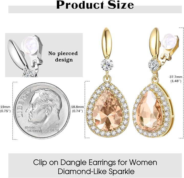 THUNARAZ Elegant Clip on Earrings for Women Sparkling Teardrop Dangle Clip Earrings Non-Pierced Rhinestone Cubic Zirconia Wedding Prom Jewelry 14K Gold and Silver Tone