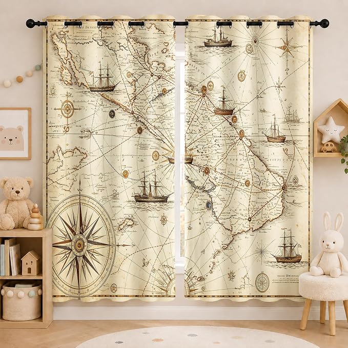 Vintage Nautical Blackout Curtains 52 x 72 Inch Length Set of 2 | Pirate - Image 2