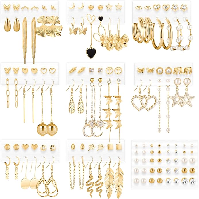Earrings for Women, Funtopia 68 Pairs Drop Dangle Earrings, Fashion Statement Stud Earrings Pearl Earrings Set for Party Jewelry(Gold and Silver)