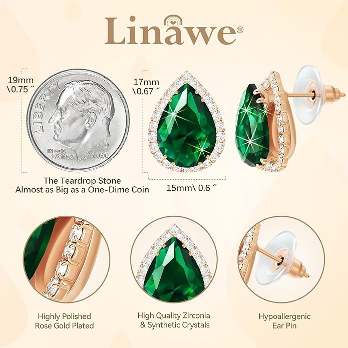 Linawe Women Stud Earrings, Teardrop Diamond Moissanite Cubic Zirconia Earrings Studs Rhinestone Jewelry Gold/Silver/Rose Gold