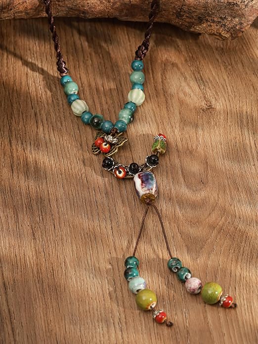 MINACHI Vintage Bohemian Hippie Ceramic Beads Crescent Moon Lariat Necklace, Boho Hippie Statement Jewelry Gift for Women