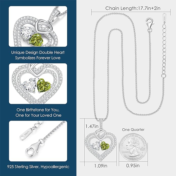LOUISA SECRET Sparkling Double Heart Birthstone Necklaces for Women, 925 Sterling Silver Fine Jewelry, Pendant Heart Necklaces Birthday Anniversary Christmas Gift for Women Wife Mom Girlfriend Lady