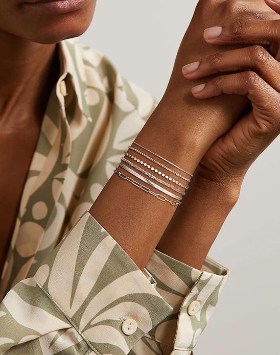 DEARMAY Dainty Silver Plated Bracelets for Women Trendy, Silver Jewelry Set for Women Bracelets for Women Paperclip Box Herringbone Figaro Rope Chain Bracelet Fashion Pack Gifts for Women