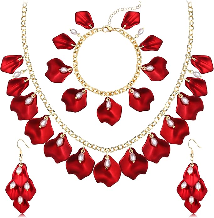 Flower Petal Necklace Earrings Set Layered Statement Beaded Jewelry Set for Women Summer Necklace Earrings