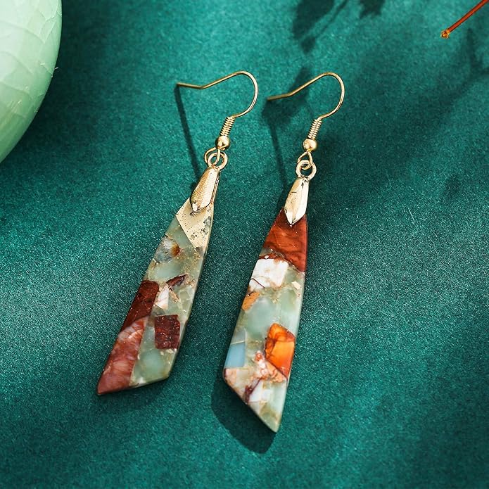 Boho Women Natural Stone Earrings Unique Healing Imperial Jasper Gemstone Energy Hypoallergenic Lightweight Dangle Drop Earrings Multiple Styles Earrings Jewelry for Birthday Party Gift
