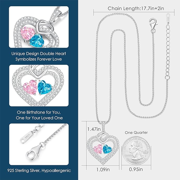 LOUISA SECRET Sparkling Double Heart Birthstone Necklaces for Women, 925 Sterling Silver Fine Jewelry, Pendant Heart Necklaces Birthday Anniversary Christmas Gift for Women Wife Mom Girlfriend Lady