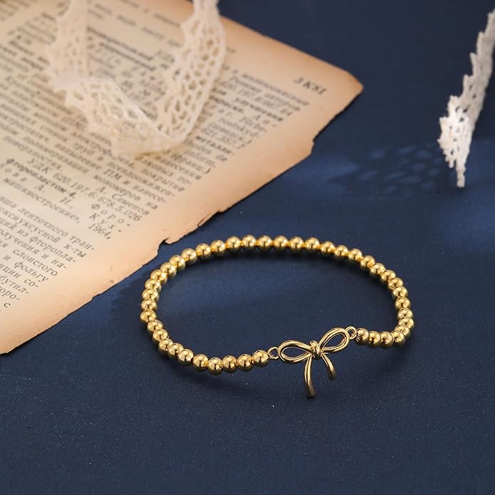 Gold Bracelets for Women, Cute 14K Gold/Silver Plated Stretch Beaded Bracelets for Women Trendy Stackable Charm Bracelet Dainty Adjustable Waterproof Non Tarnish Jewelry Gifts for Her