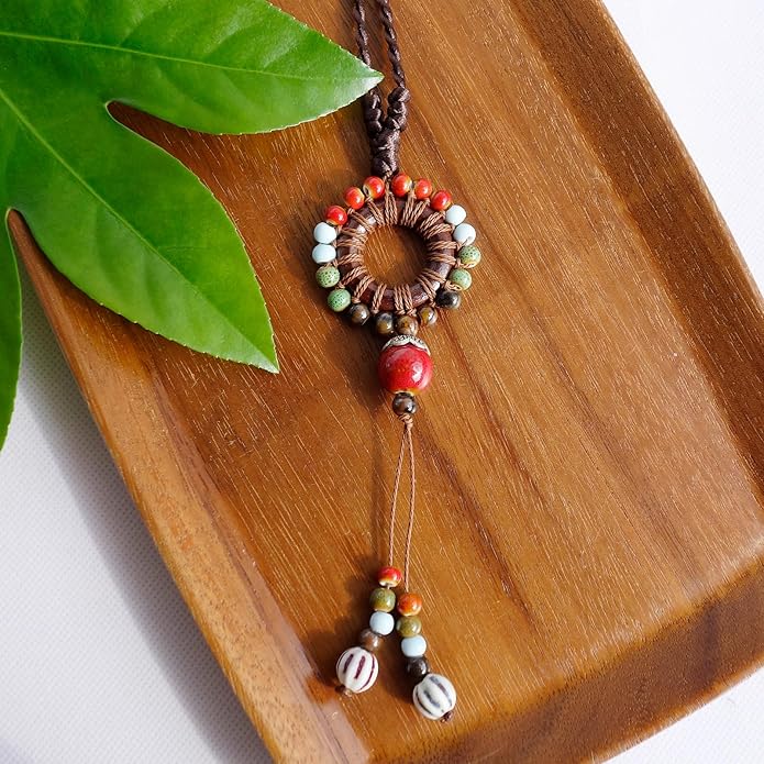 Boho Style Colorful Ceramic Bead Strand Necklace Adjustable Bohemian Jewelry Gift for Women, Fashion Clothing Matching Necklace