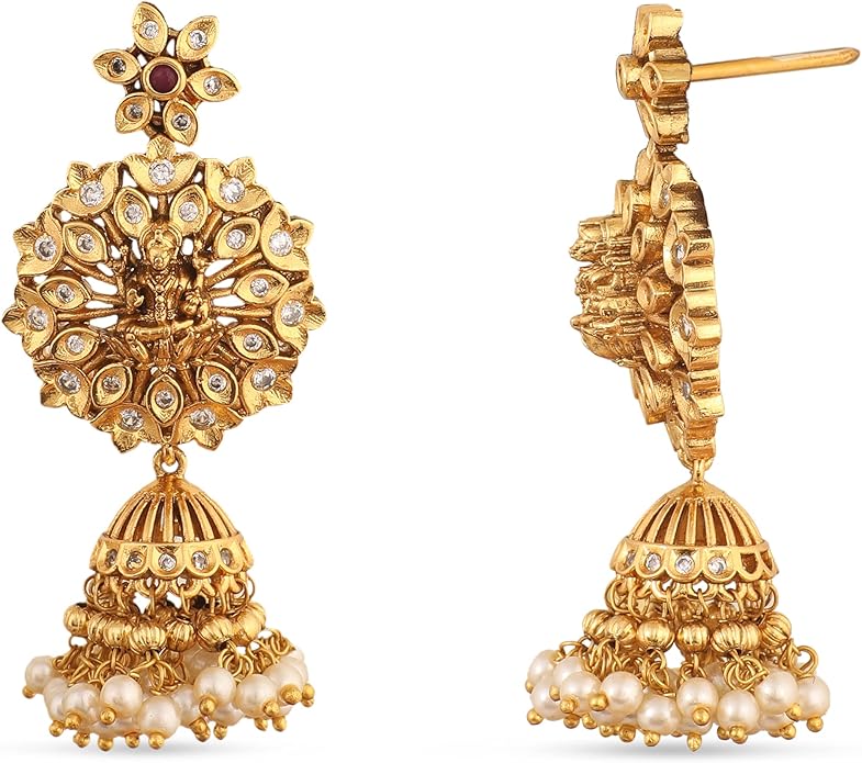 TARINIKA Brass Indian Choker Necklace Set - Gold Plated Cubic Zirconia Indian Jewelry Sets for Women Dangle, Drop, Jhumka Earrings Traditional Desi Necklace Pearls Gift for her