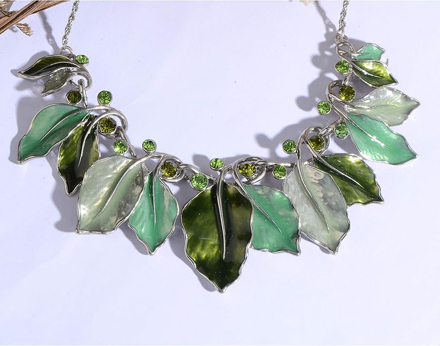 AMYJANE Vintage Statement Jewelry Set - Spring Leaf Flower Floral Plant Necklace Earring Set Crystal Rhinestone Fashion Costume Jewelry for Women Prom Party Unique Gift