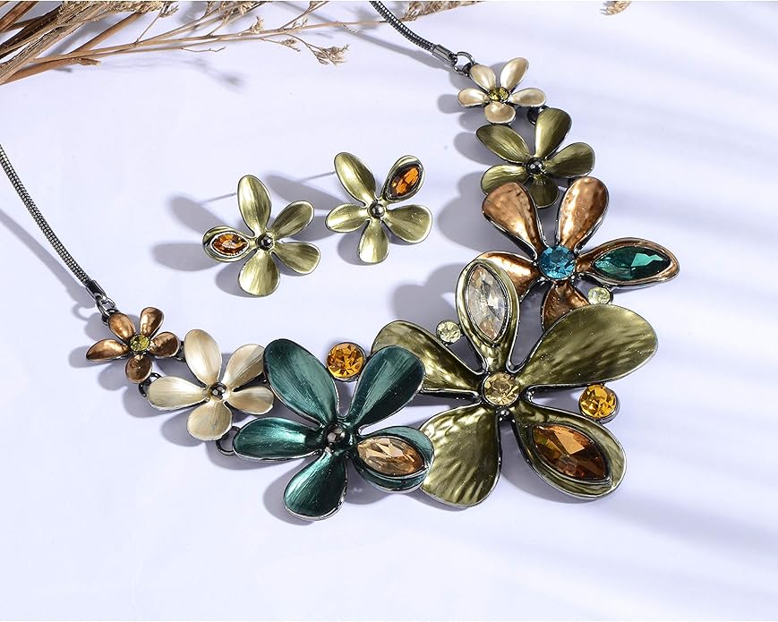AMYJANE Vintage Statement Jewelry Set - Spring Leaf Flower Floral Plant Necklace Earring Set Crystal Rhinestone Fashion Costume Jewelry for Women Prom Party Unique Gift