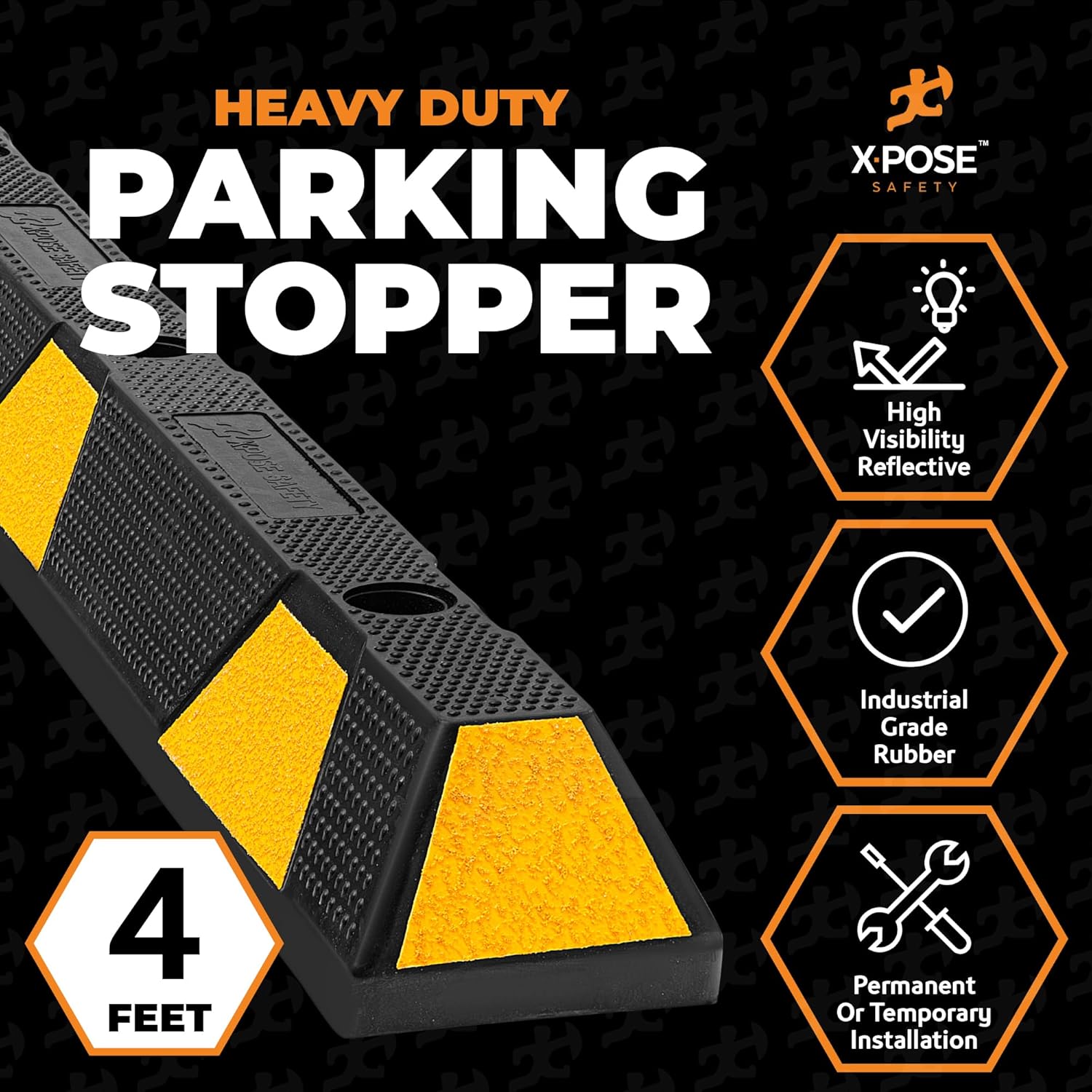 Xpose Safety 48" Heavy Duty Rubber Parking Stopper – 10 Pack Wheel Blocks for Garage, Driveway, or Ramp – Car Bumper Stop with Yellow Reflective Strips – Removable Floor Mount
