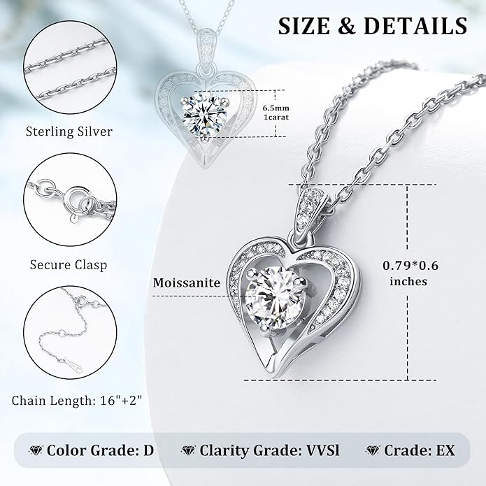 Moissanite Necklace for Women, 1CT Sterling Silver Diamond-like Jewelry, Valentine's Day, Anniversary Birthday Christmas Gift for Girlfriend, Mom