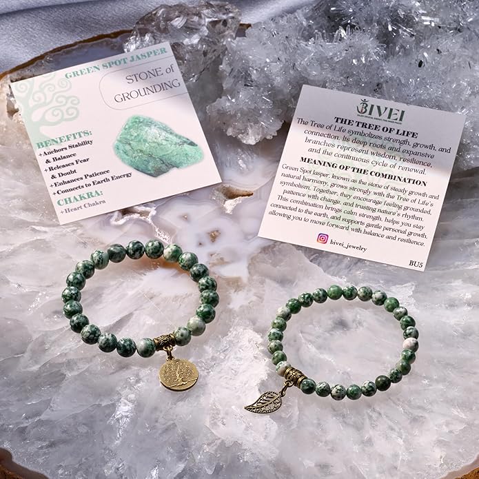 Bivei Natural Semi Precious Gemstone beads bracelet for women - Life Tree and Leaf Charm Energy Reiki Crystal Stretch Bracelets